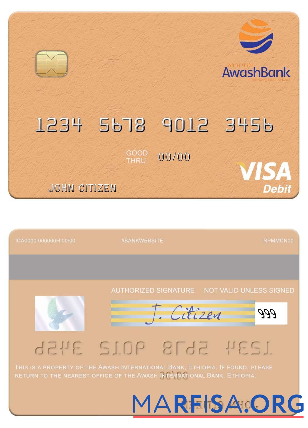 Printable Ethiopia Awash International Bank visa debit card real example